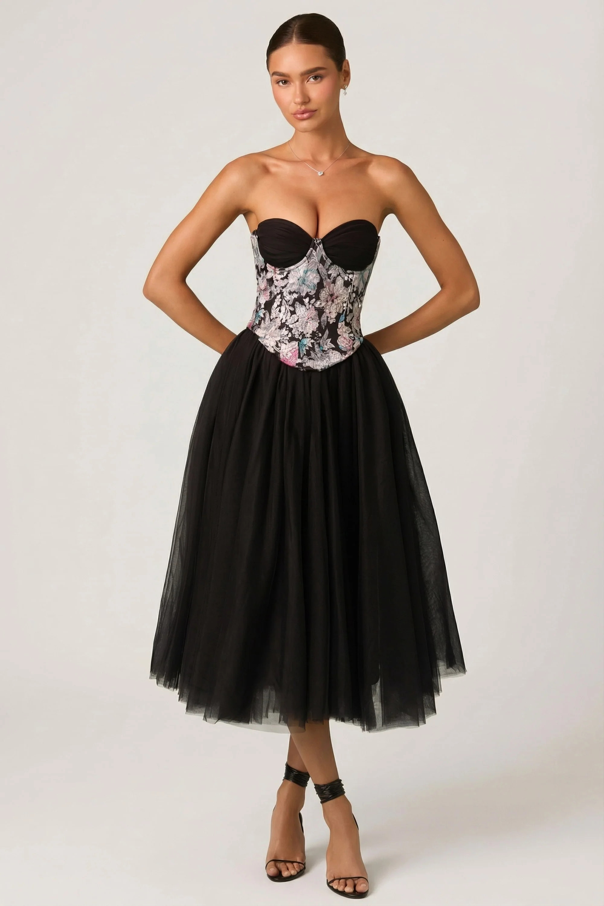 Embellished Lace-Up Cupless Corset in Floral Black | Oh Polly