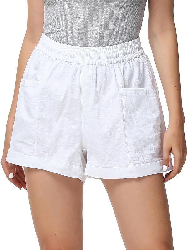 MCEDAR Linen Blend Shorts for Women Drawstring Elastic Waist Plus Size Beach Pants with Pockets | Amazon (US)