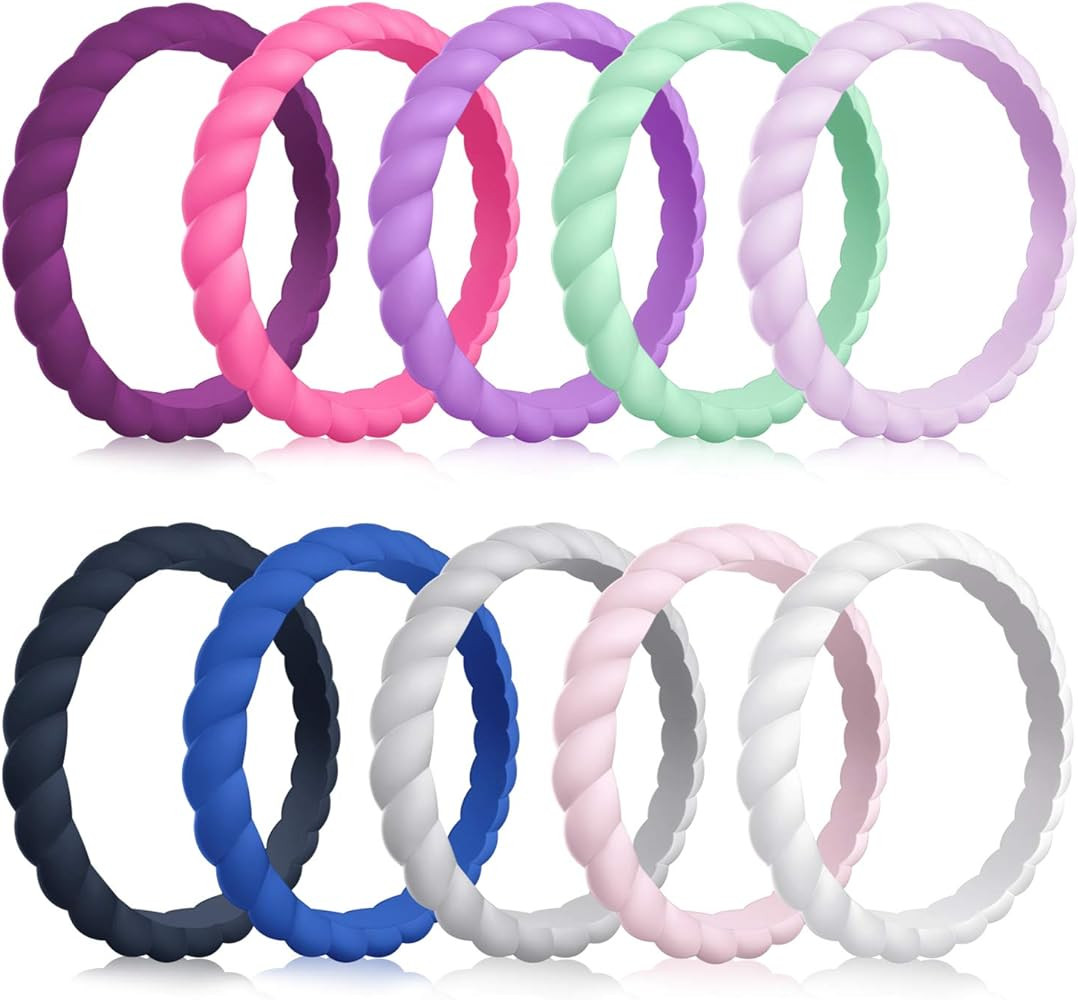 MOKANI Silicone Wedding Ring for Women, 10 Pack Thin and Braided Rubber Band, Fashion, Colorful, ... | Amazon (US)
