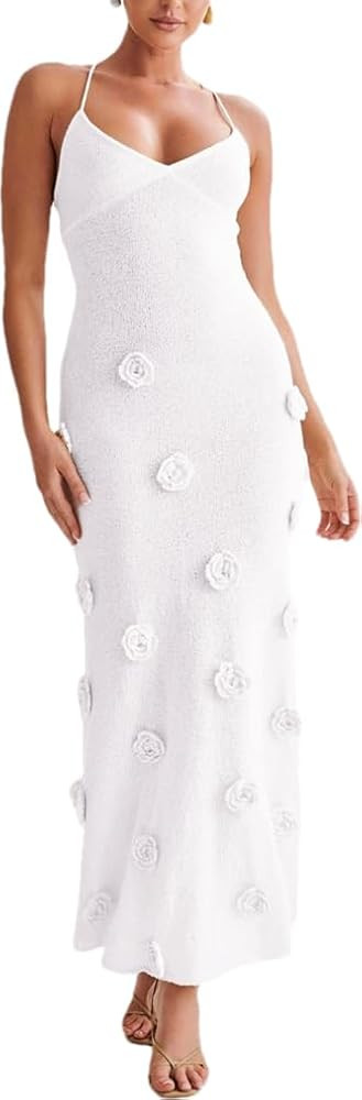 RanRui Women's Maxi Dress Sexy See Through Backless Embroidery 3D Flower Knit Dress V-Neck Spaghe... | Amazon (US)