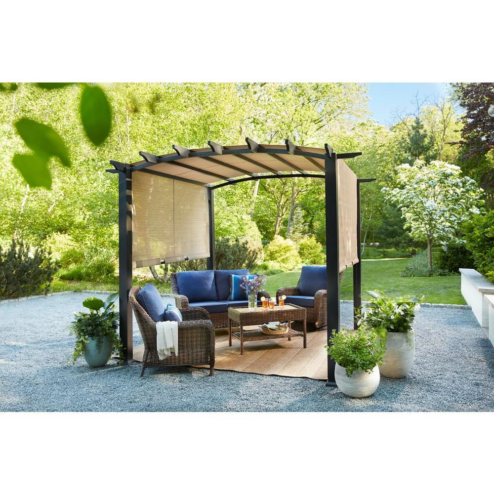 10 ft. x 10 ft. Steel and Aluminum Arched Pergola with Slide Canopy | The Home Depot