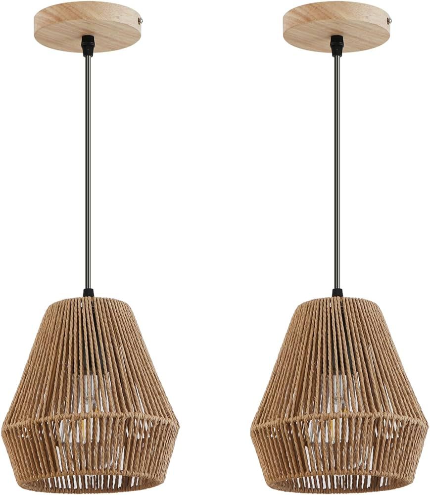 WBinDX 2 Pack Woven Rattan Pendant Lights, 7'' Boho Pendant Light Fixtures with Hand-Woven Cage S... | Amazon (US)