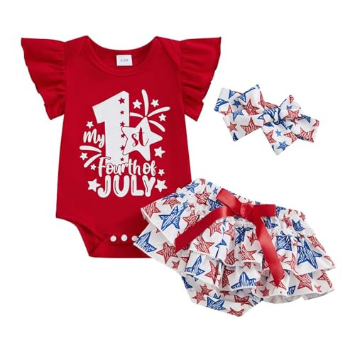 4th of July Baby Girl Outfits First Independence Day Fly Sleeve Romper Stars Shorts My 1st Fourth of July Outfit (Red, 0-3 Months) | Amazon (US)