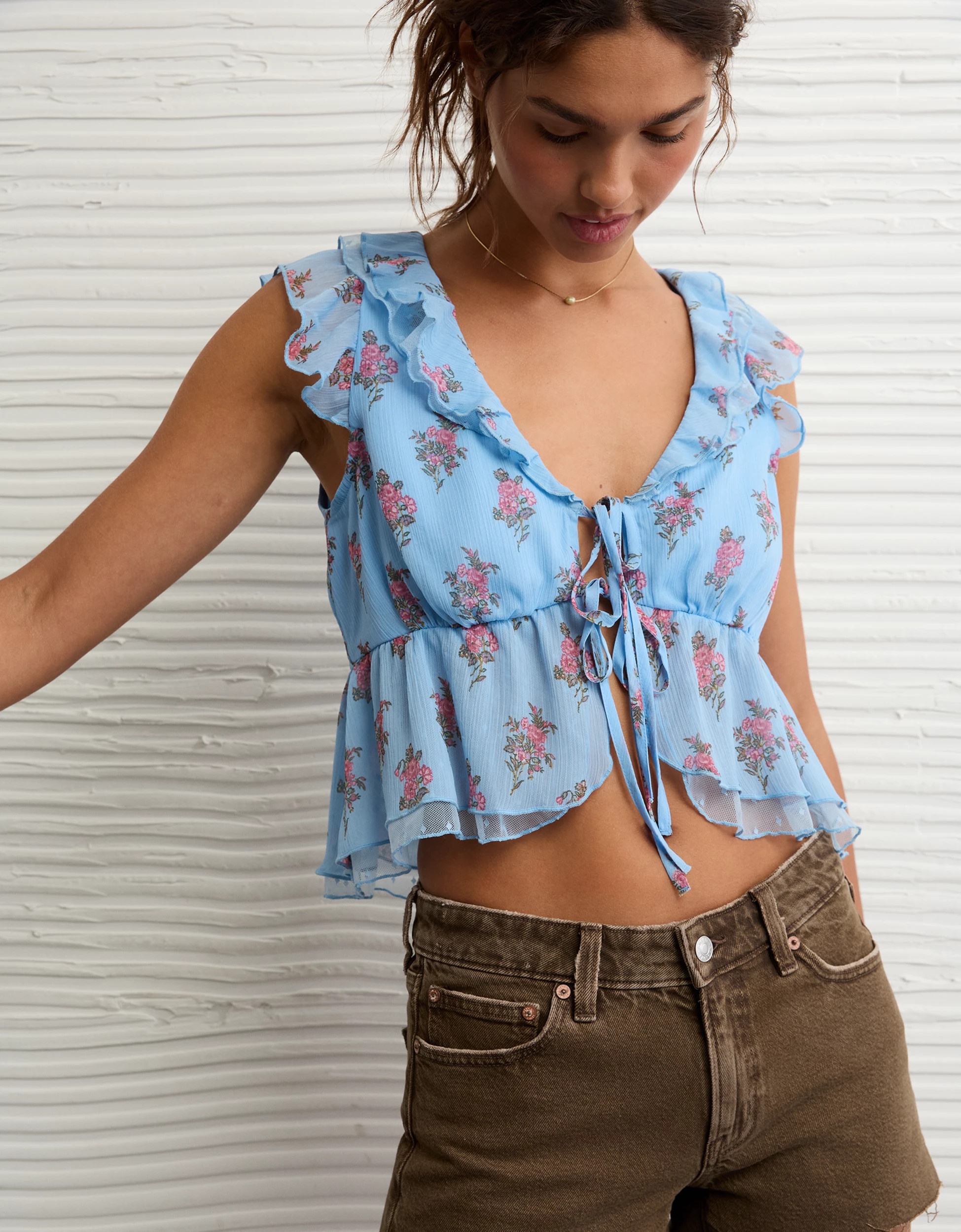 AE Flutter Sleeve Tie-Front Blouse | American Eagle Outfitters (US & CA)