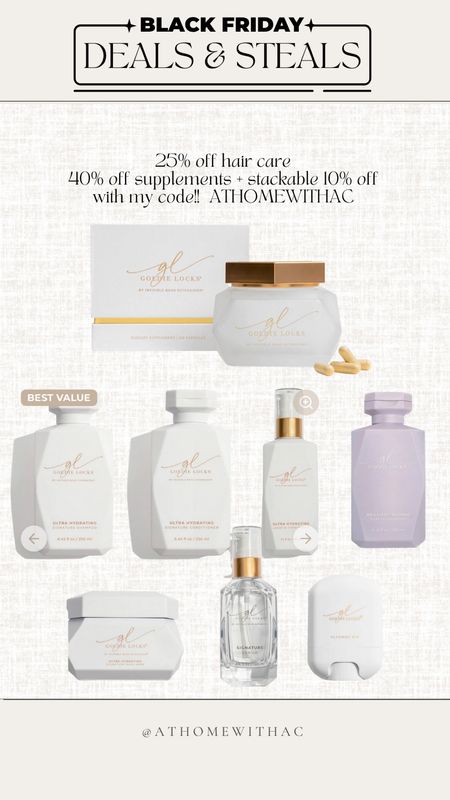 Goldie locks haircare, hydration bundle, hair growth supplements, purple shampoo, fllyaway pomade . Use code ATHOMEWITHAC for a stackable 10% off! 

#LTKCyberWeek #LTKSeasonal #LTKGiftGuide