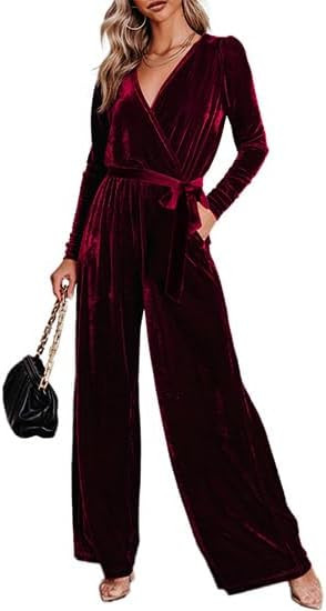 BerryGo Women's 2023 Velvet Formal Long Sleeve Wedding Guest Jumpsuits Wide Leg V Neck Romper Dre... | Amazon (US)