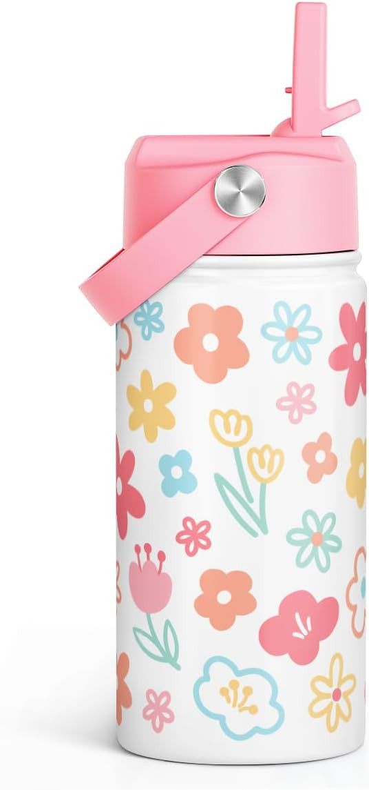 Kids Water Bottle Stainless Steel with Straw Lid, Floral Water Bottle 12oz, Travel Tumbler, Gifts... | Amazon (US)