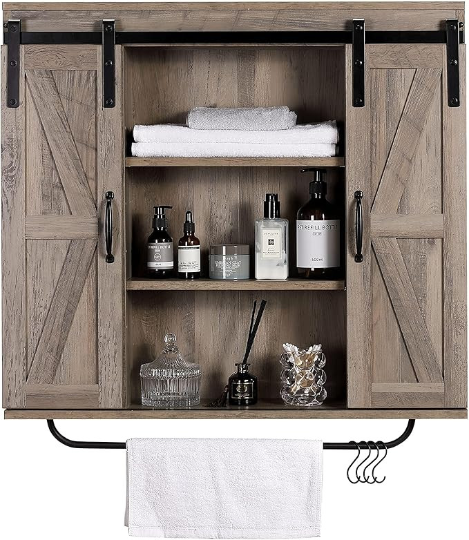 RUSTOWN Rustic Wood Wall Storage Cabinet with Two Sliding Barn Door, 3-Tier Decorative Farmhouse ... | Amazon (US)