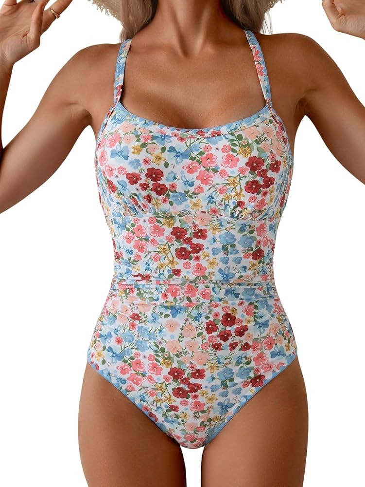 Eomenie Women's One Piece Swimsuit Tummy Control Slimming Bathing Suit Ruched Swimwear Tie Back S... | Amazon (US)