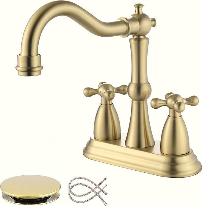 Antique Bathroom Faucet Brushed Gold, Senhozi Cross Handles Centerset Bathroom Faucet for Sink 3 ... | Amazon (US)