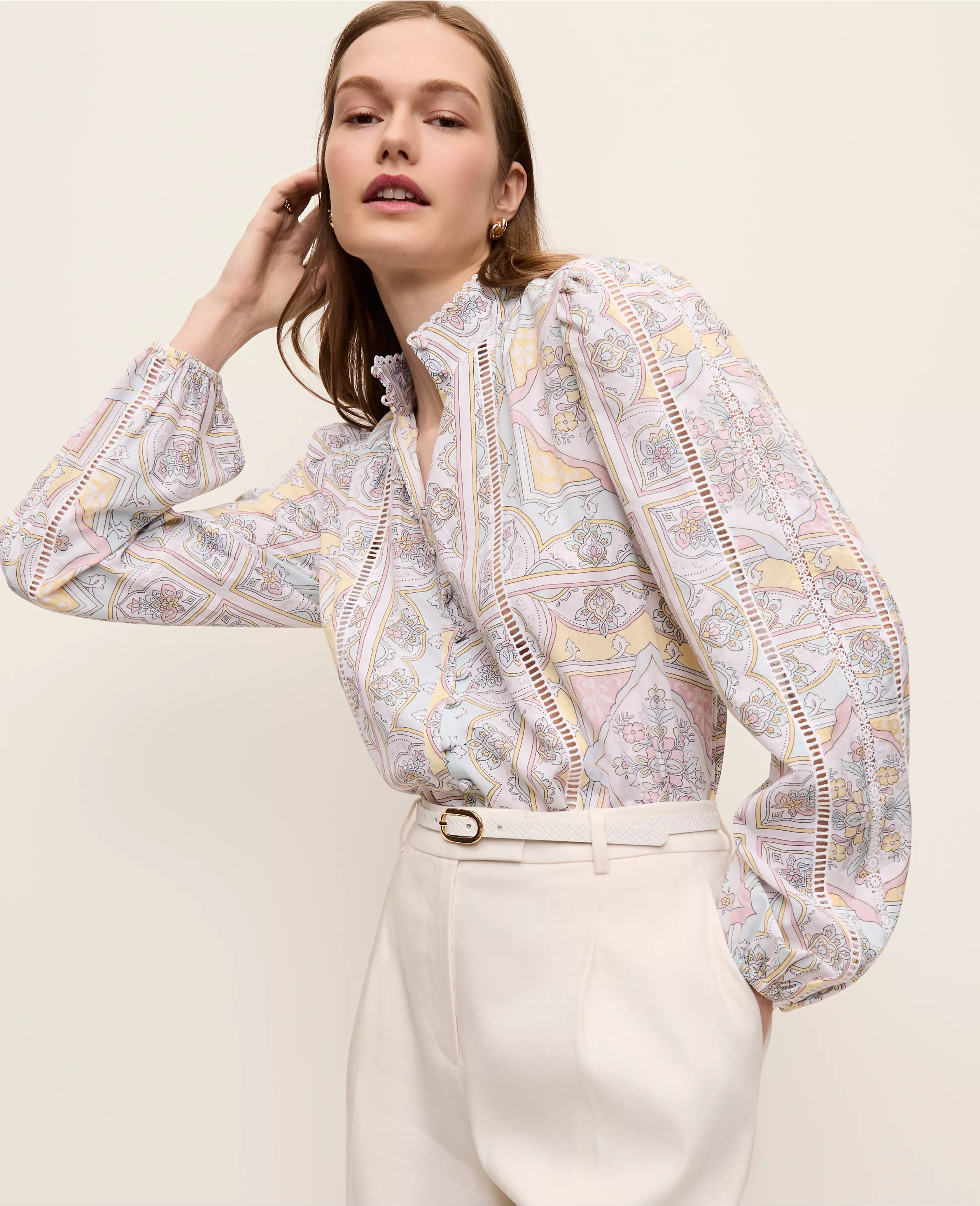 Tile Print Embroidered Lace Blouse | Ann Taylor
