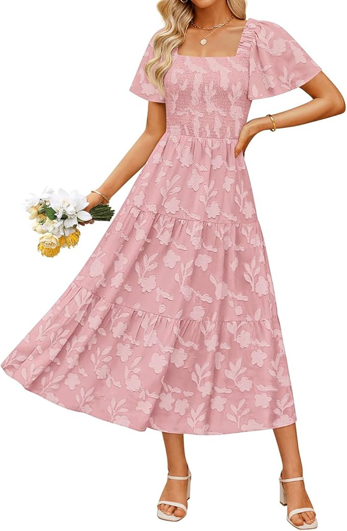 ZESICA Women‘s Summer Boho Floral Midi Dress 2025 Casual Short Sleeve Square Neck Flowy Beach V... | Amazon (US)