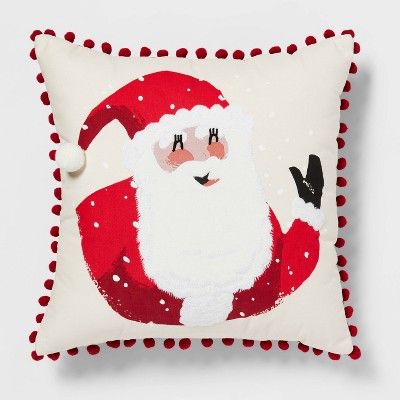 Santa Square Christmas Throw Pillow with Mini Pom Poms Trim Cream - Threshold&#8482; | Target