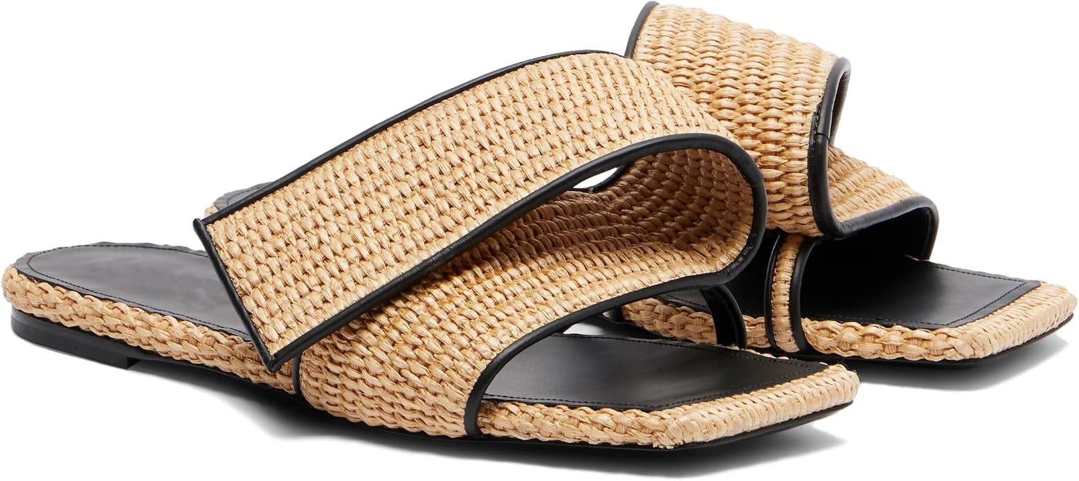 Women’s Fold Over Strap Slide Sandals - PU & Raffia Square Toe Flat Slippers, 1 Inch Low Heel S... | Amazon (US)