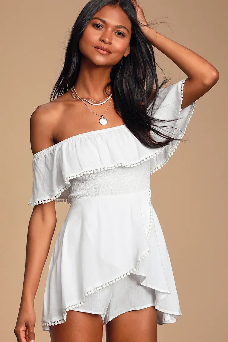 Blissful White Off-the-Shoulder Smocked Romper | Lulus (US)