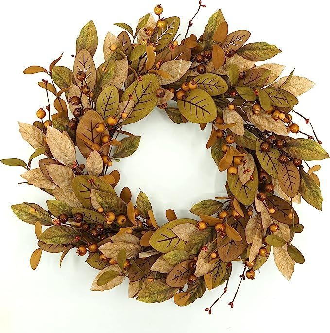 WreathDream 20'' Fall Wreath Autumn Wreath for Front Door with Brown Magnolia Leaves and Small Po... | Amazon (US)