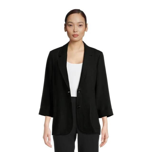 Time and Tru Women’s Linen-Blend Button Front Blazer with Patch Pockets, Sizes S-XXXL | Walmart (US)