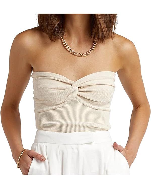 Womens Strapless Crop Top Sexy Sweetheart Neck Ribbed Knit Twisted Knot Front Sleeveless Y2K Cami... | Amazon (US)