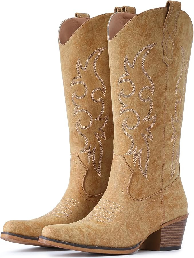 IUV Cowboy Boots For Women Western Cowgirl Boots Mid Calf Snip Toe Boot With Chunky Heel | Amazon (US)