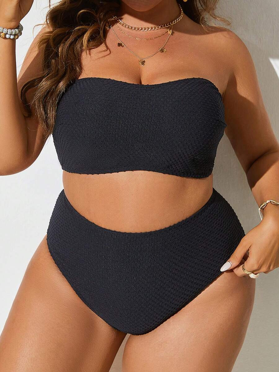 SHEIN Swim Basics Summer Beach Plus Solid Bandeau Bikini Swimsuit | SHEIN