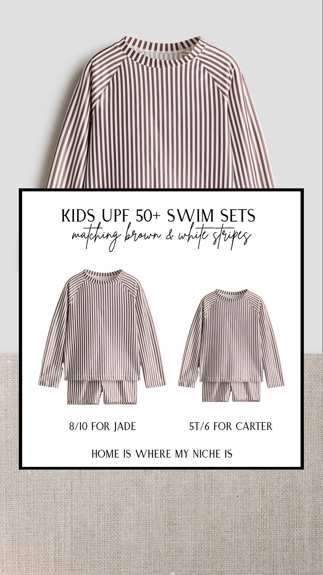 Matching swim sets are getting harder to find as the kids get older, so when I found these UPF 50+ brown and white striped sets, I ordered them immediately.

Jade and Carter still love matching, and I know these are going to be so cute for beach days, swimming lessons, and summer adventures.#CanadianMom

#LTKfamily #LTKkids #LTKcanada #LTKkids #LTKsummer