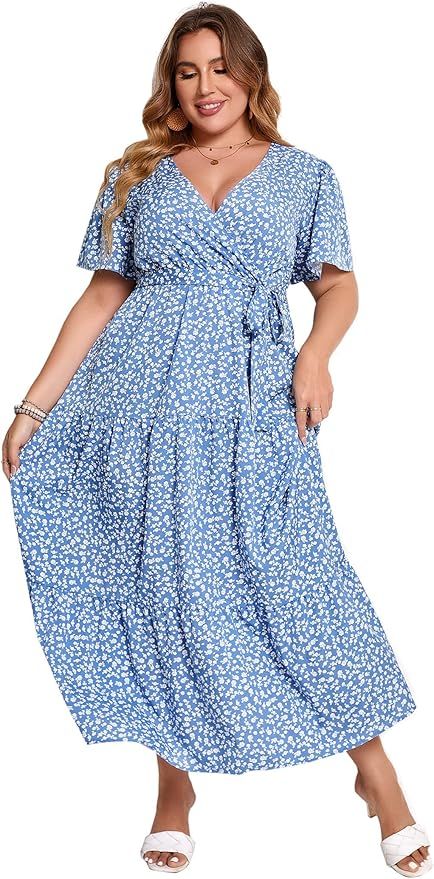 KOJOOIN Women Plus Size V Neck Wrap Maxi Dress Flutter Short Sleeve High Waist Ruffle Summer Casu... | Amazon (US)
