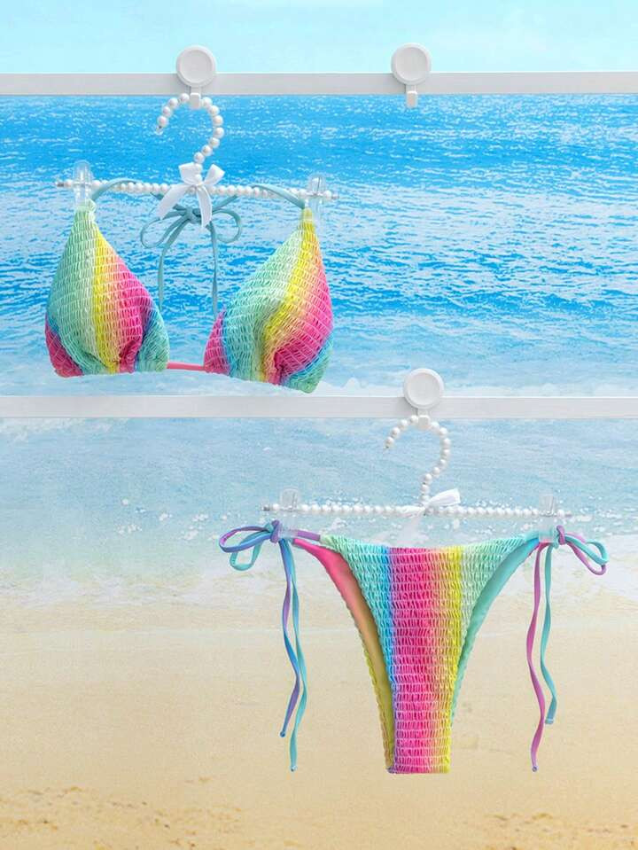 SHEIN Rainbow Print Triangle Tie Side Bikini Swimsuit | SHEIN