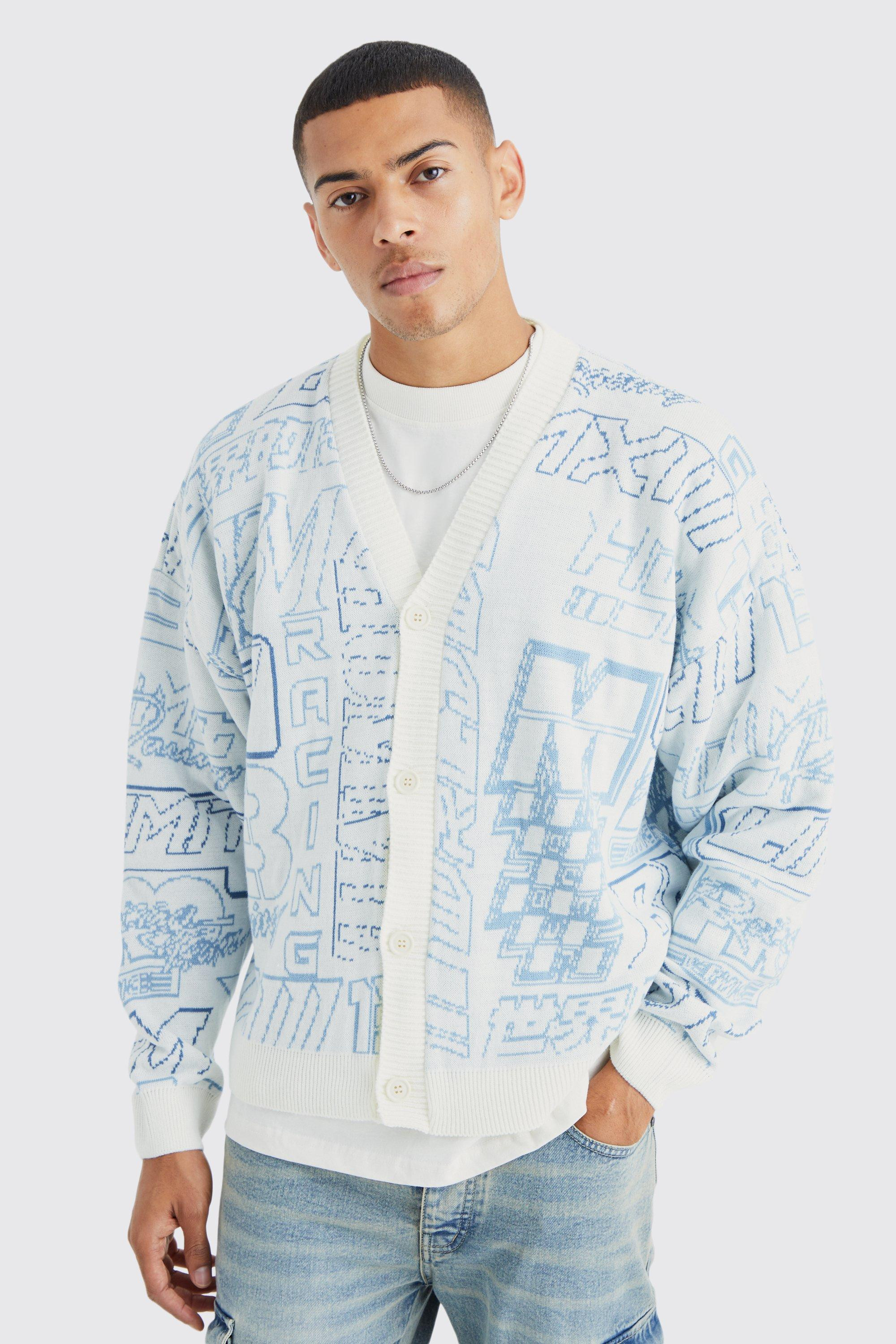 Boxy Oversized Line Graphic Moto Cardigan | boohooMAN (US & Canada)