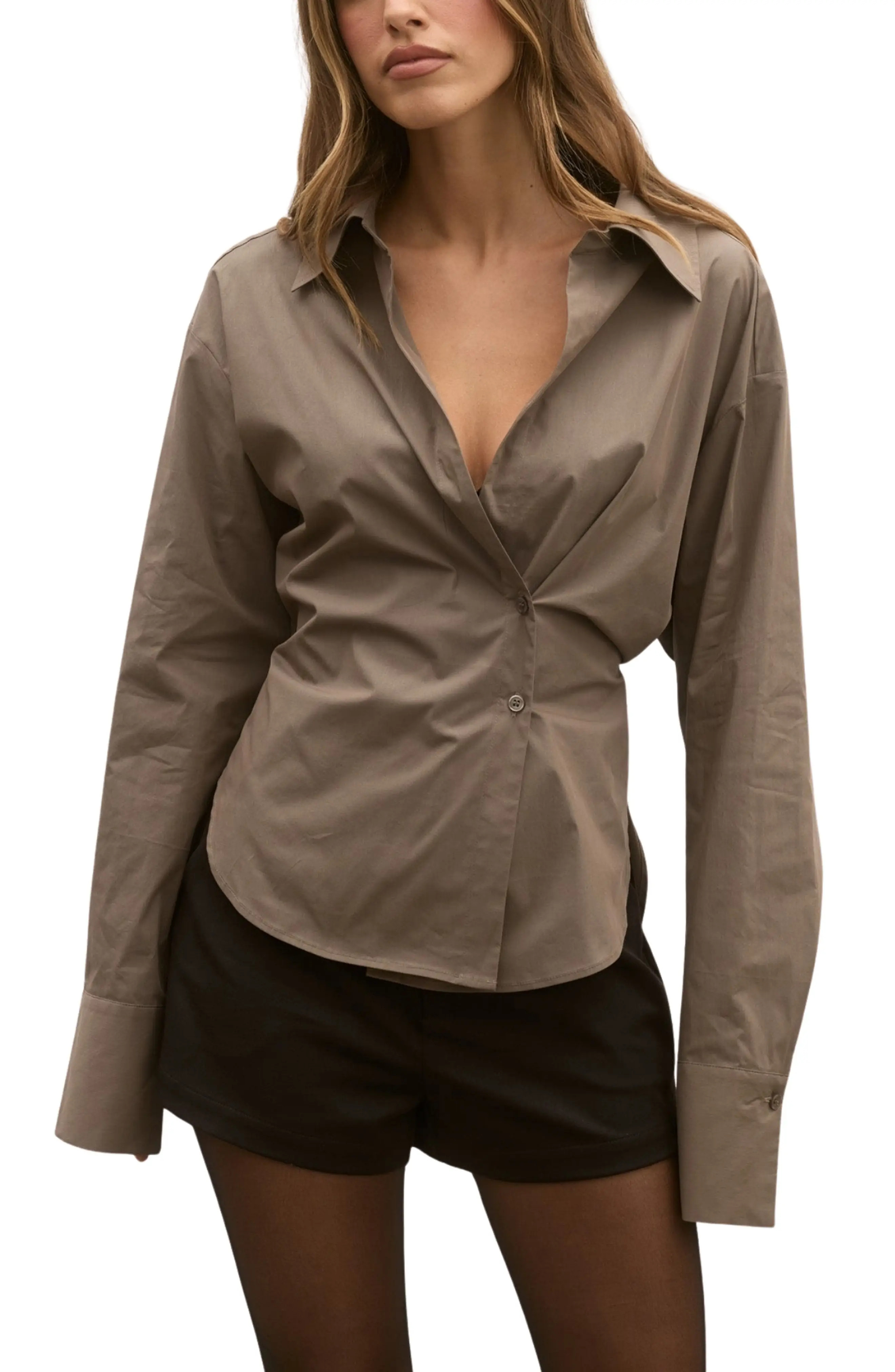 Bayse Tilda Pleated Long Sleeve Cotton Blend Shirt in Ash at Nordstrom, Size Large | Nordstrom