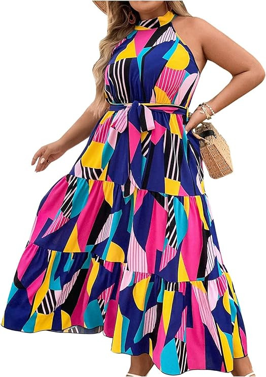 Floerns Women's Plus Size Boho Sleeveless Halter Neck Tie Back A Line Long Dress | Amazon (US)