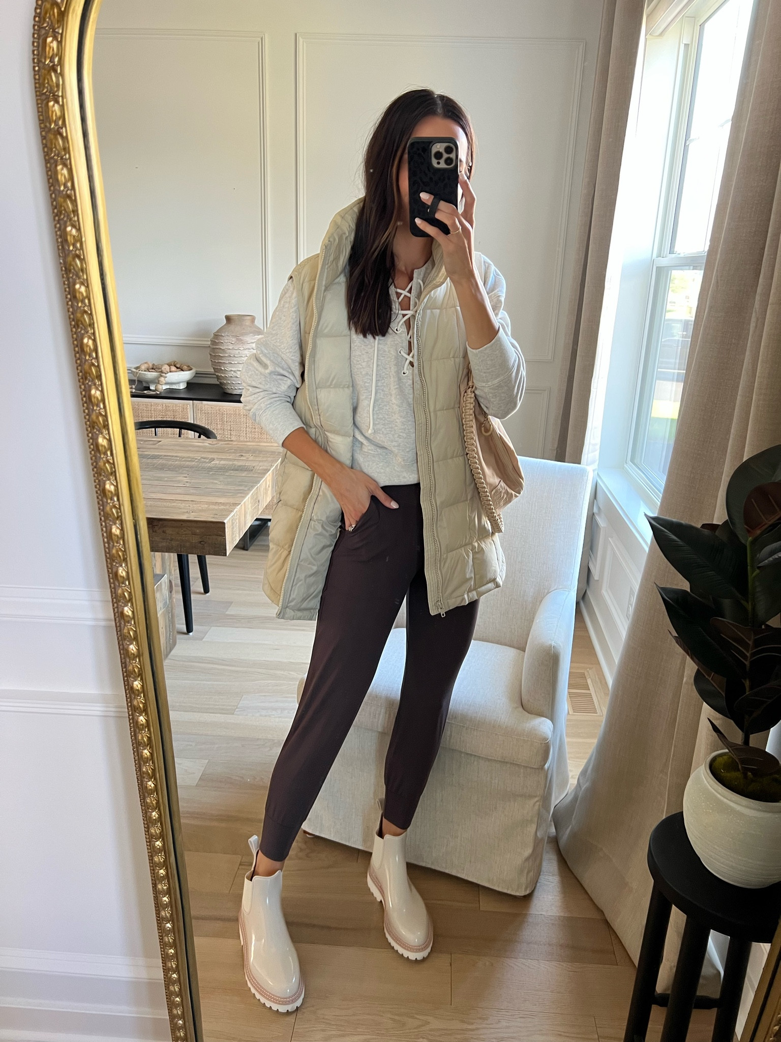 Long puffer vest: true to size (S tall) 
Sweatshirt: sized up to M 
Joggers: true to size (S) 
Rain boots: true to size  

Casual Fall outfit 

#LTKSeasonal #LTKshoecrush #LTKunder50