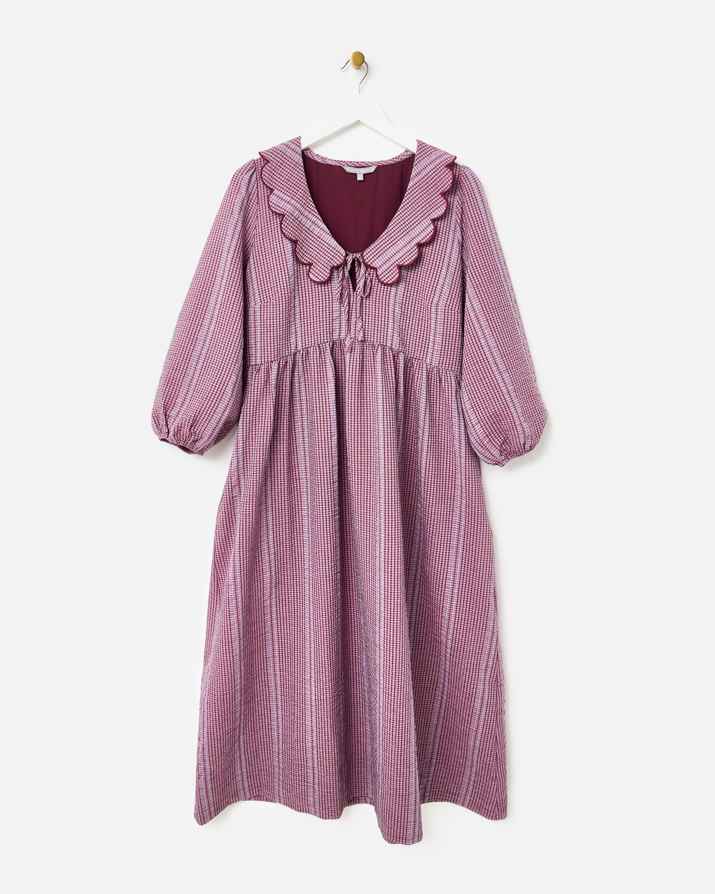 Burgundy Gingham Scalloped Collar Midi Dress | Oliver Bonas IE | Oliver Bonas (Global)