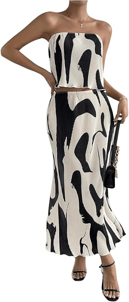 GORGLITTER Women's Graphic Maxi Skirt Set Summer 2 Piece Set Strapless Crop Tube Top and Maxi Ski... | Amazon (US)