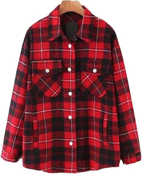 Womens Casual Wool Coats Plaid Lapel Button Short Pocketed Shacket Shirts | Amazon (CA)