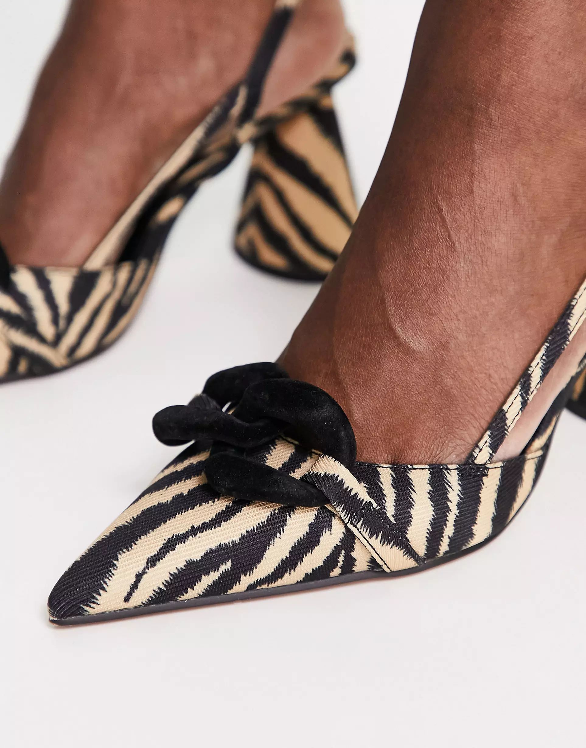 ASOS DESIGN Sophie chain detail mid heeled shoes in zebra | ASOS (Global)