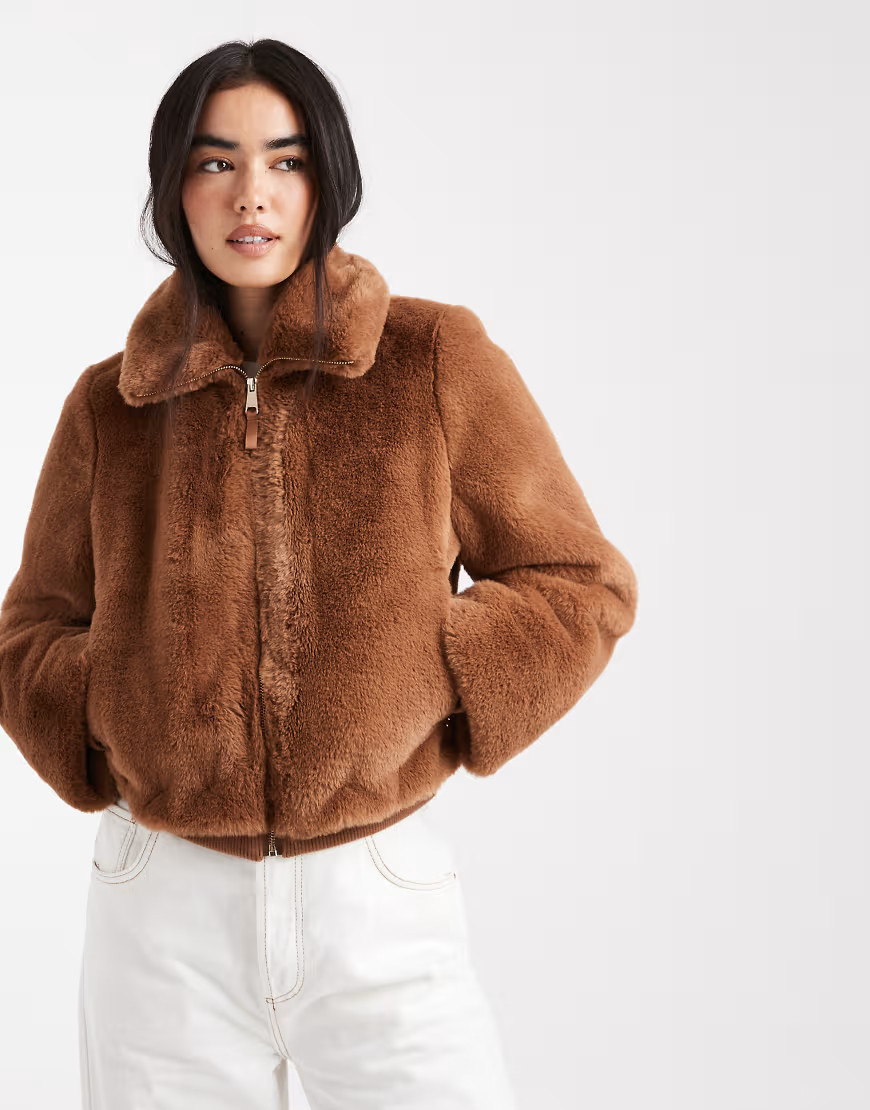 New Look faux fur zip up jacket in tan-Brown | ASOS (Global)