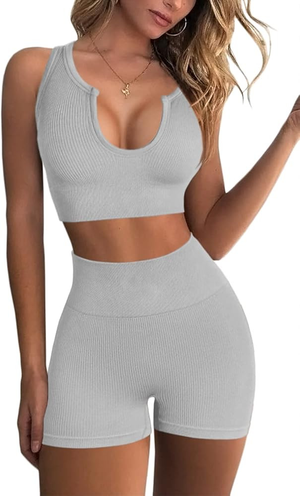 FAFOFA Seamless Workout Sets for Women Ribbed Sport Bra High Waist Running Shorts Gym 2 Piece Yog... | Amazon (US)