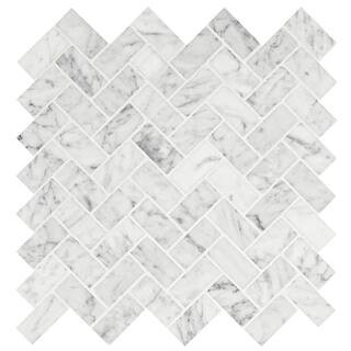 Carrara White Herringbone 12 in. x 12 in. x 0.31 in. Honed Marble Mesh-Mounted Mosaic Tile (9.4 s... | The Home Depot