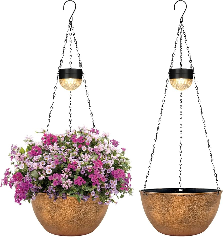 BAYN 2 Packs Solar Hanging Basket Planters for Plants Outdoor, Self Watering Bronze Flower Plants... | Amazon (US)