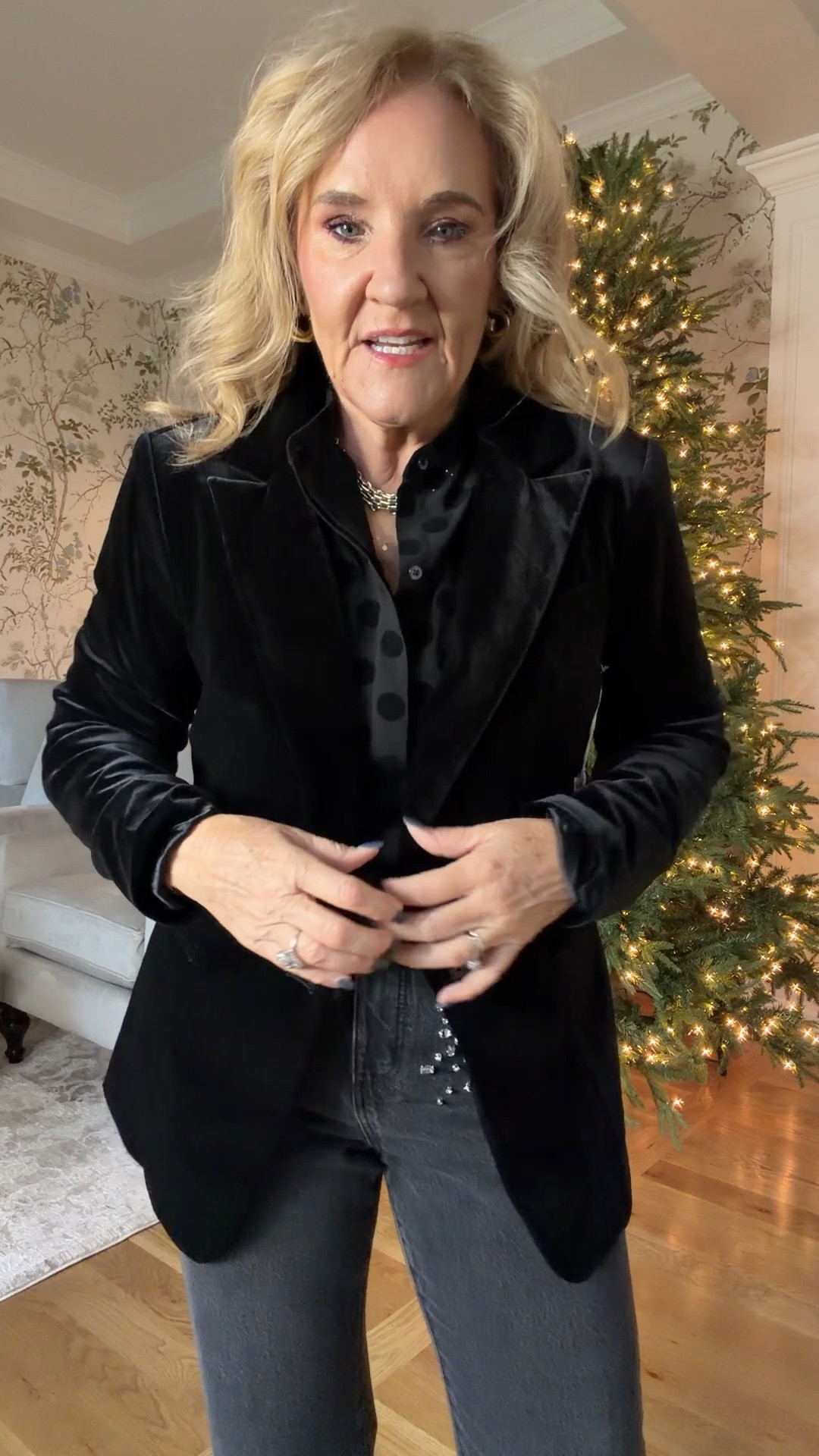 New black velvet blazer just in from Walmart. Not a traditional cotton velvet, more like a slippery velvet and it has some stretch. Also ordered it in pink, but did not like it in the pink. But it’s worth a try, only $39. 
Size medium blouse size medium and jeans size 29 petite 

#LTKMidsize #LTKOver40 #LTKHoliday