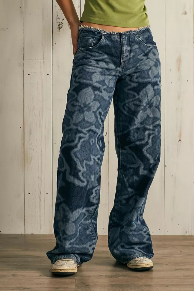 BDG Tropical Laser Print Low-Rise Raw-Cut Puddle Jean | Urban Outfitters (US and RoW)