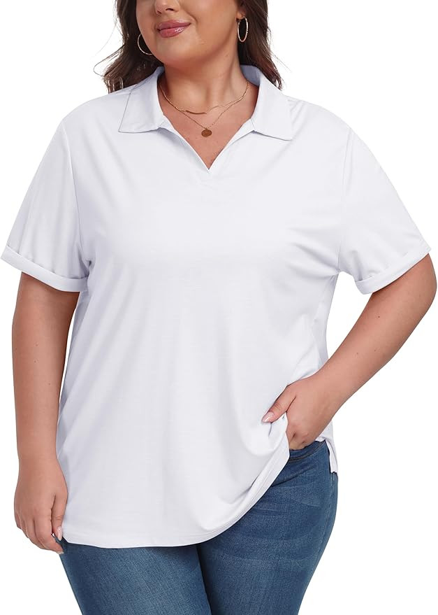 MoFiz Women's Plus Size Golf Polo Shirts Loose Fit Short Sleeve V-Neck Tennis Workouts Tops, XL-5... | Amazon (US)
