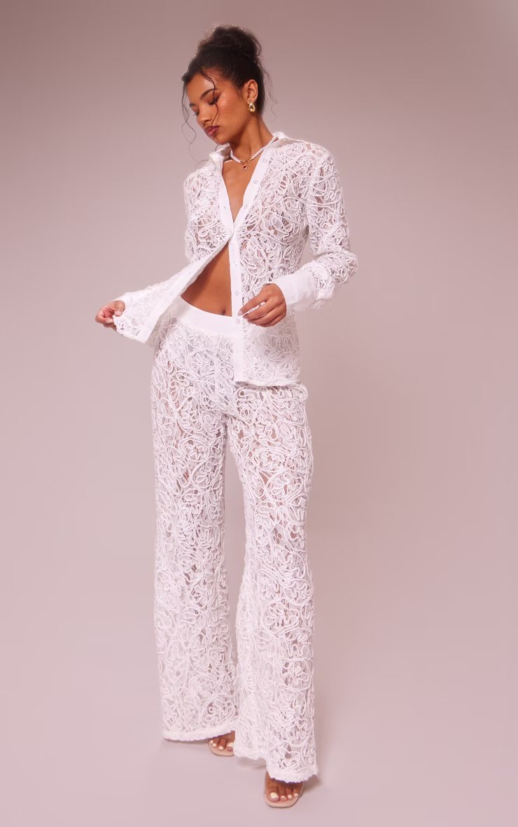 Premium White Woven Jacquard Wide Leg Trousers | PrettyLittleThing UK