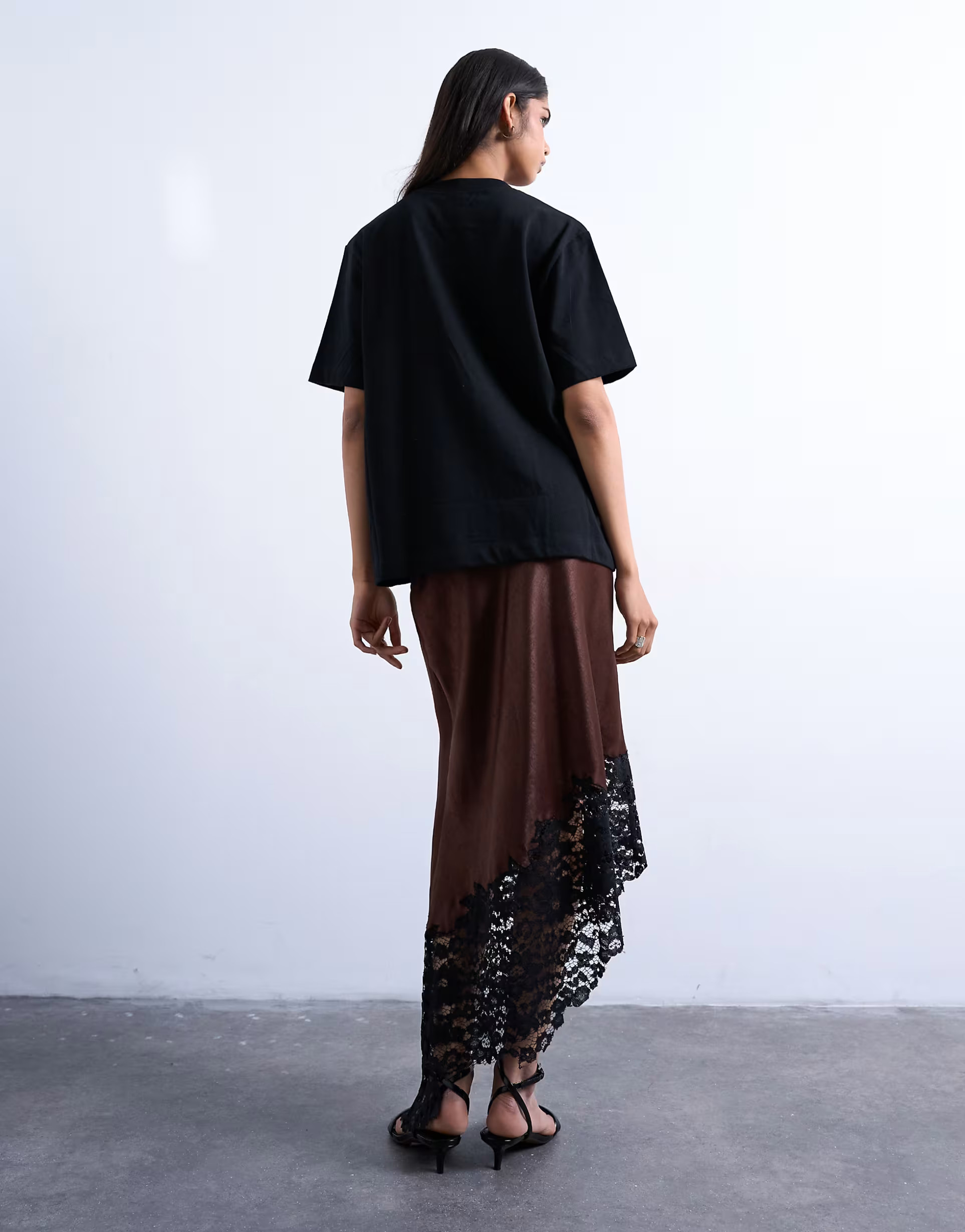 Topshop satin asymmetric lace hem maxi skirt in chocolate | ASOS (Global)