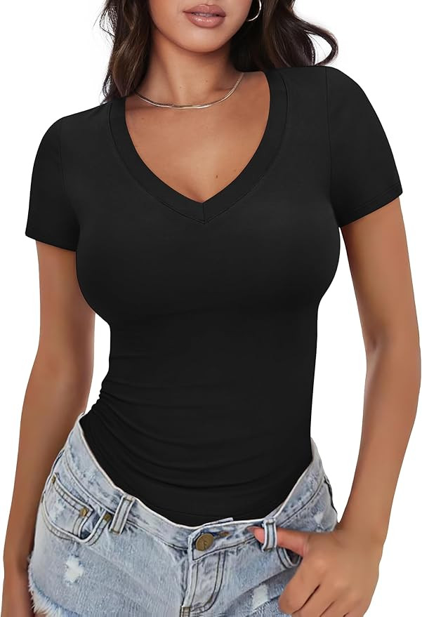 XIEERDUO Womens Summer Tops V Neck T Shirts for Women Beach Vacation Clothes Short Sleeve Shirts ... | Amazon (US)