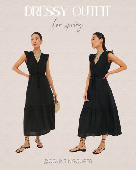 Here's an elegant dressy outfit that you can wear for Spring: a chic black belted maxi dress, a blue beaded necklace, black sandals, and a rattan round bag! 
#allblackoutfit #brunchdate #shoeinspo #outfitidea

#LTKshoecrush #LTKSeasonal #LTKstyletip