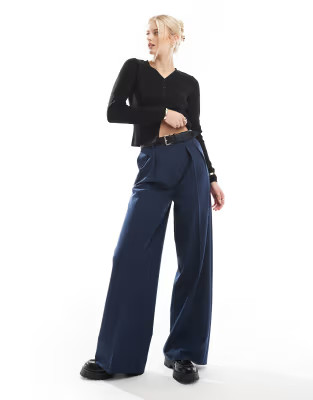 ASOS DESIGN Tall tailored relaxed trousers with faux leather belt in navy | ASOS | ASOS (Global)