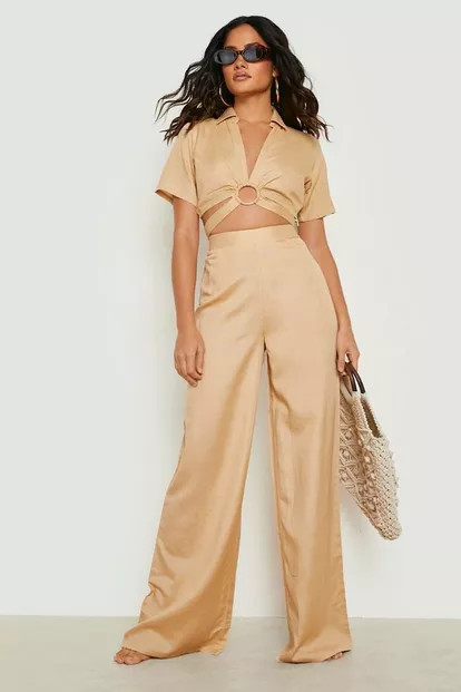Linen Wide Leg Beach Trouser | Boohoo.com (US & CA)