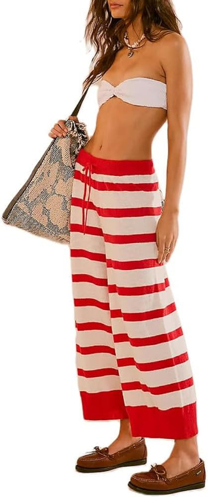 Women Y2k 2 Pcs Striped Lounge Sweater Sets Short Sleeve Knit Pullover Crop Top Wide Leg Beach Pa... | Amazon (US)