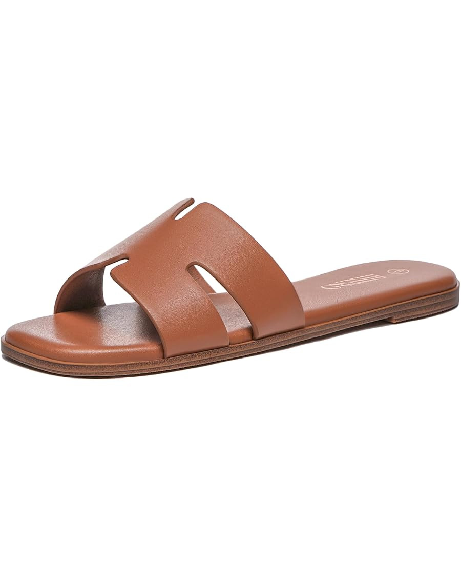 Amazon.com | Rihero Women's Dressy Flat Sandals Comfortable Slip On Leather Slide Brown Sandals S... | Amazon (US)